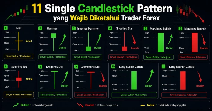 Infografis 11 single candlestick pattern forex lengkap dengan sinyal bullish, bearish, dan netral untuk trader pemula.