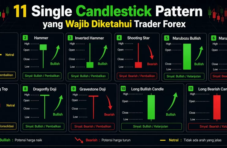 11 Single Candlestick Pattern yang Wajib Diketahui Trader Forex Infografis 11 single candlestick pattern forex lengkap dengan sinyal bullish, bearish, dan netral untuk trader pemula.
