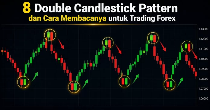 Ilustrasi 8 double candlestick pattern forex dengan sinyal bullish dan bearish pada grafik candlestick.