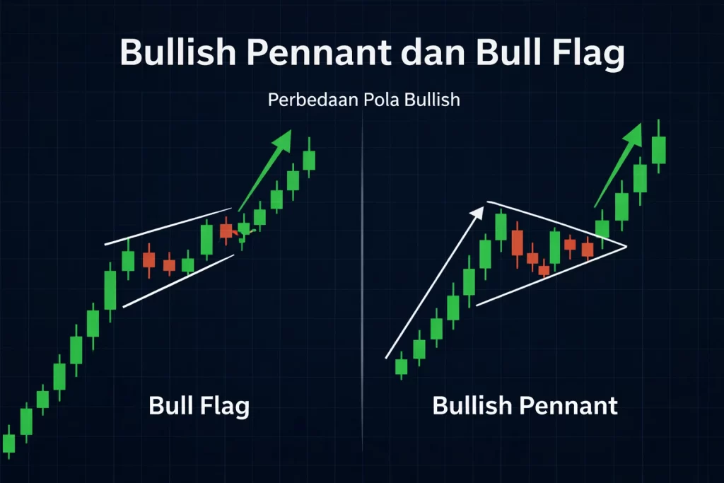 ilustrasi perbandingan grafik antara bullish pennant dan bull flag.