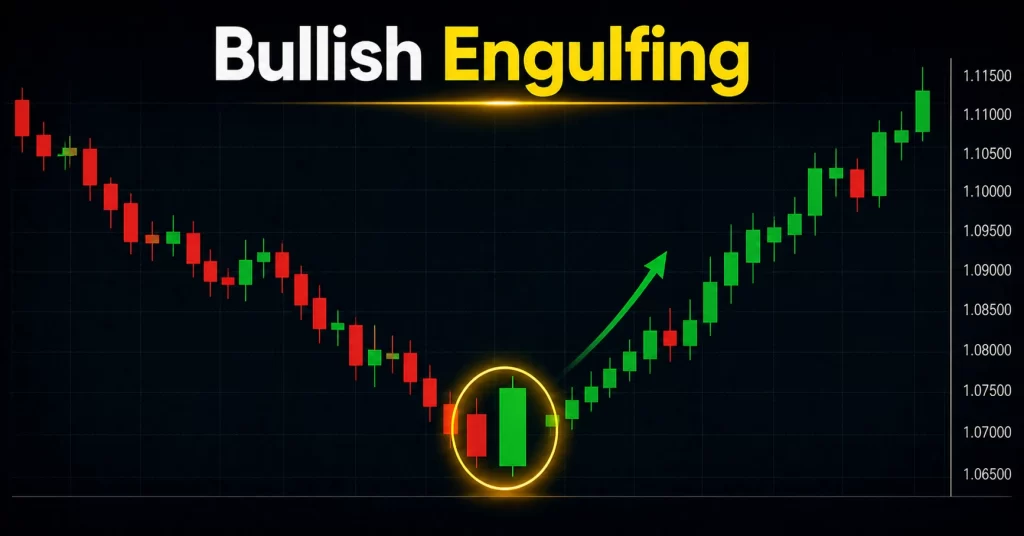 Pola bullish engulfing pada grafik forex yang menunjukkan sinyal pembalikan tren naik.