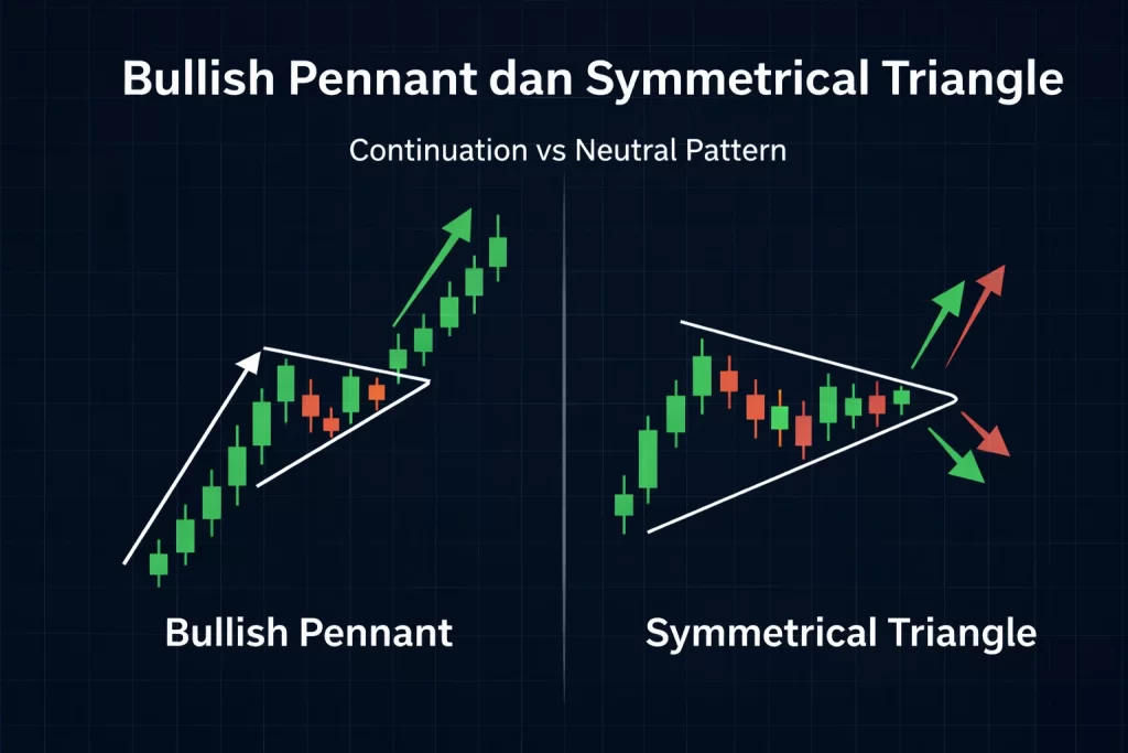 ilustrasi perbandingan grafik antara bullish pennant dan symmetrical triangle.