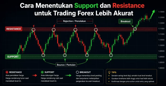 Ilustrasi Cara Menentukan Support dan Resistance untuk Trading Forex Lebih Akurat.