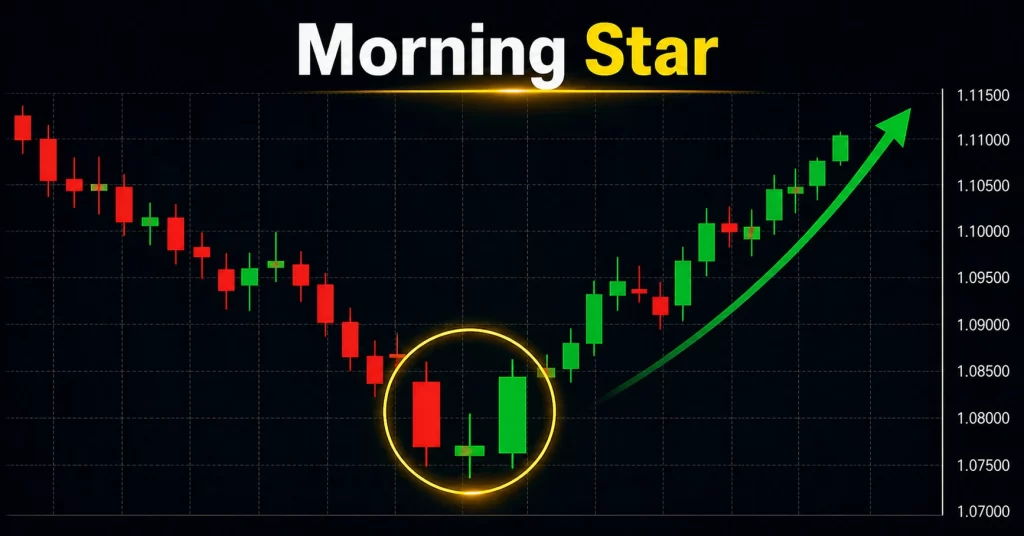 Ilustrasi Pola Morning Star pada chart forex menunjukkan sinyal bullish reversal di akhir downtrend.