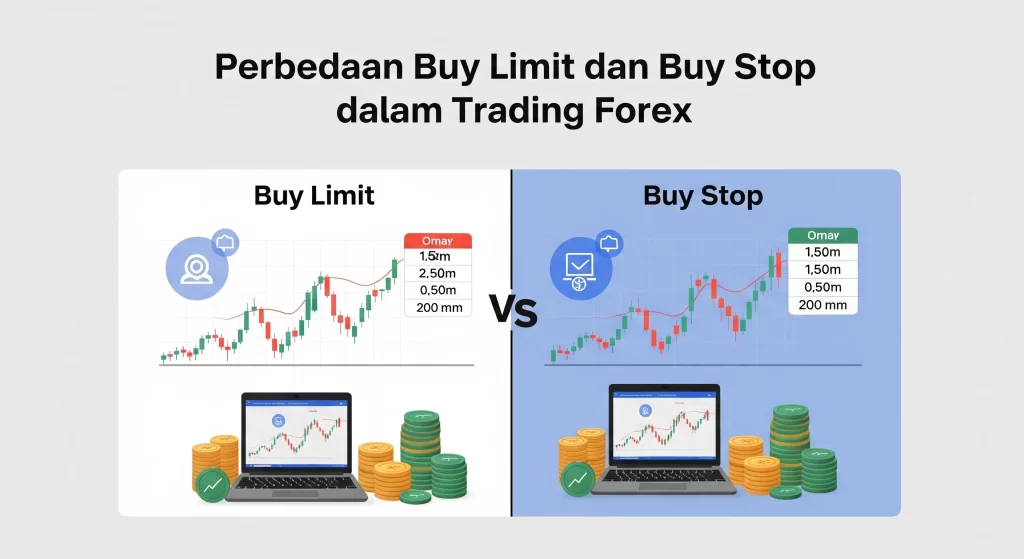 Ilustrasi perbedaan Buy Limit dan Buy Stop dalam trading forex beserta grafik candlestick.
