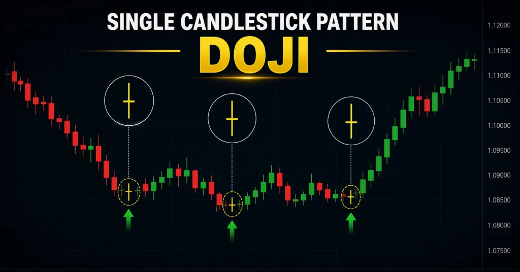 Single candlestick pattern Doji pada chart tersebut menunjukkan tiga titik pembalikan bullish reversal dengan sinyal entry harga naik.