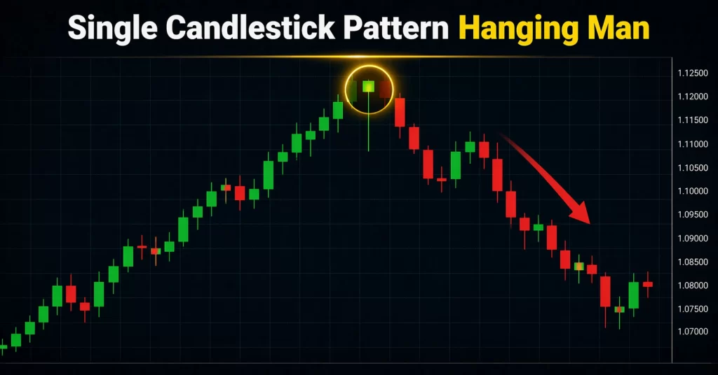 Pola candlestick Hanging Man sebagai sinyal bearish reversal di puncak uptrend pada chart tersebut.