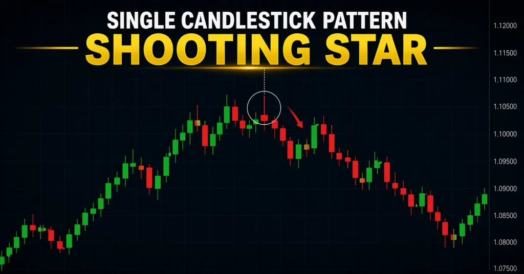 Single candlestick pattern Shooting Star pada chart forex menunjukkan sinyal bearish reversal di area puncak uptrend dengan konfirmasi harga turun.