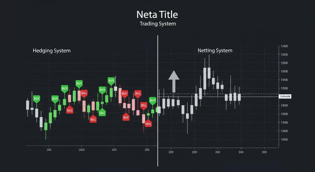 Sistem hedging dan netting pada trading forex dengan grafik candlestick dan perbandingan posisi buy sell.