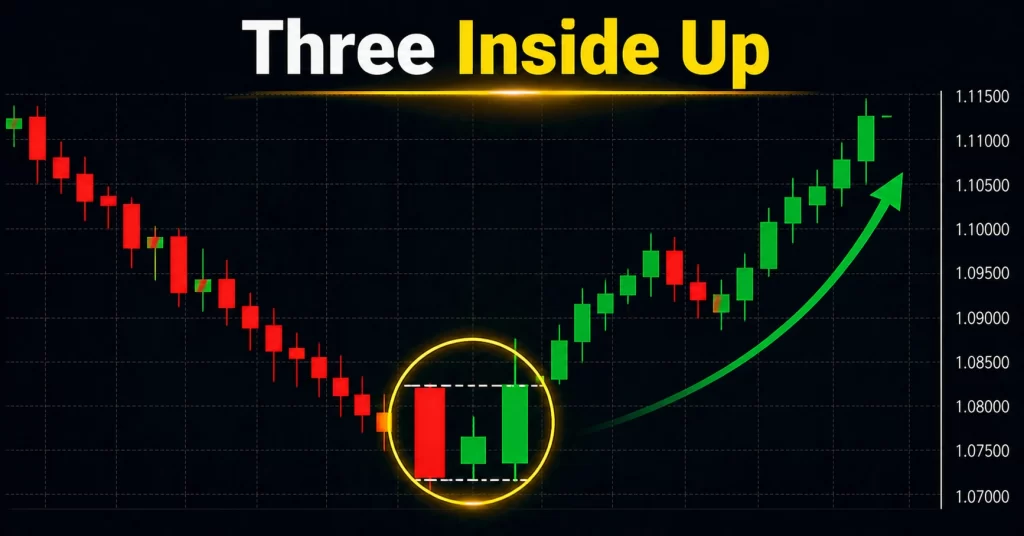 Ilustrasi Pola three inside up pada chart forex menunjukkan bullish harami terkonfirmasi dengan tiga candle sebagai sinyal bullish reversal di akhir downtrend.