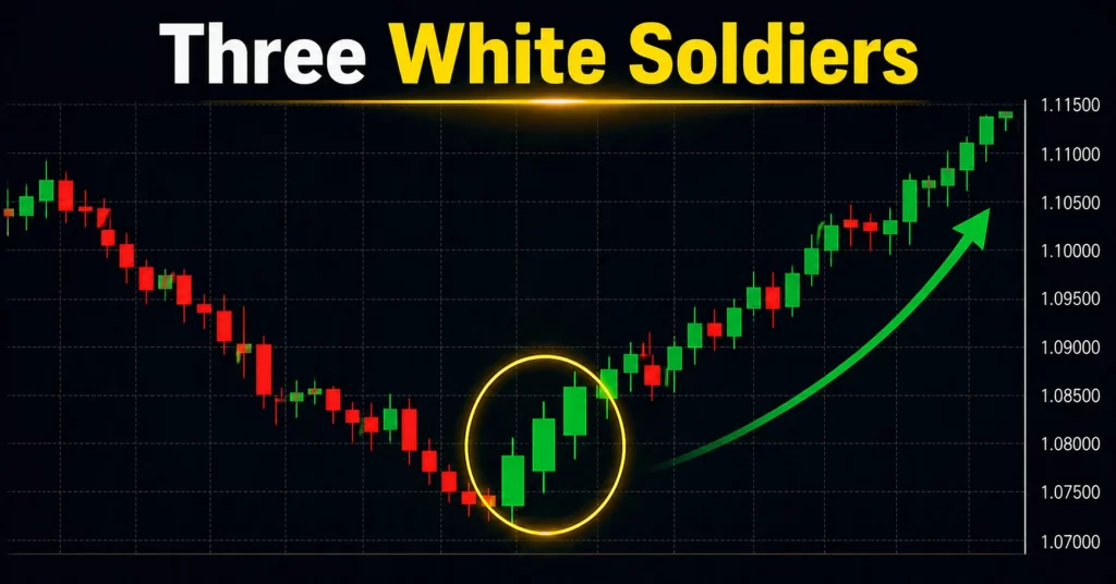 Ilustrasi Pola three white soldiers pada chart forex dengan tiga candle bullish berurutan sebagai sinyal bullish continuation setelah downtrend.