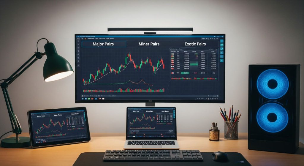 Perbandingan major minor dan exotic pair forex dengan grafik candlestick dan tampilan analisis trading.
