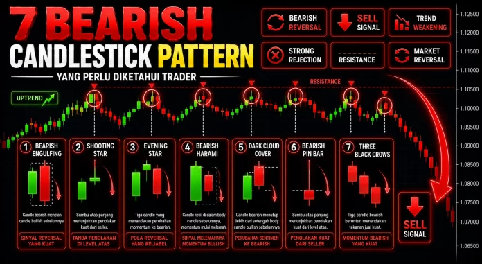 7 Bearish Candlestick Pattern yang Perlu Diketahui Trader Ilustrasi 7 bearish candlestick pattern yang perlu diketahui trader sebagai sinyal reversal dan trend continuation dalam trading forex.