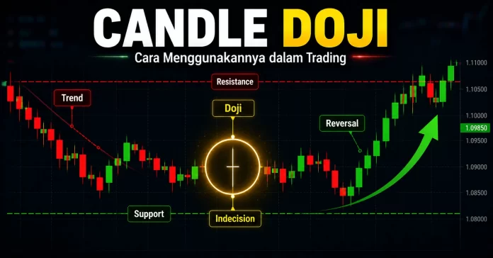 Apa Itu Candle Doji dan Cara Menggunakannya dalam Trading Candle doji di area support sebagai sinyal indecision dan potensi reversal dalam trading forex.