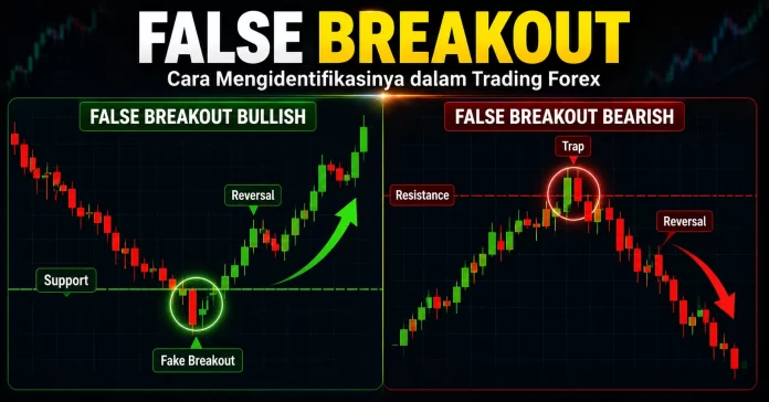 Apa Itu False Breakout dan Cara Mengidentifikasinya dalam Trading Forex Ilustrasi false breakout bullish di support dan false breakout bearish di resistance dalam trading forex.