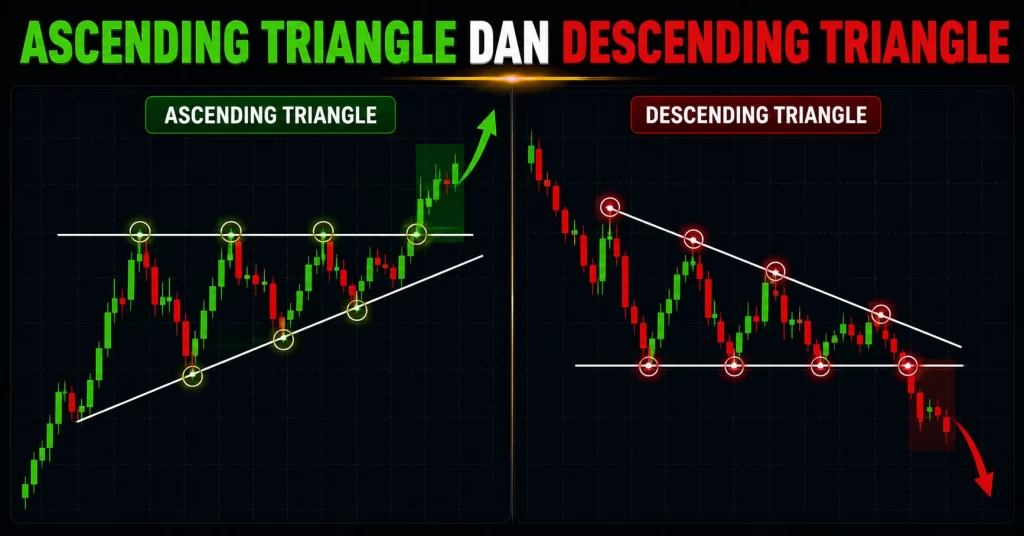 Perbandingan ascending triangle bullish dengan breakout ke atas dan descending triangle bearish dengan breakout ke bawah pada chart candlestick.