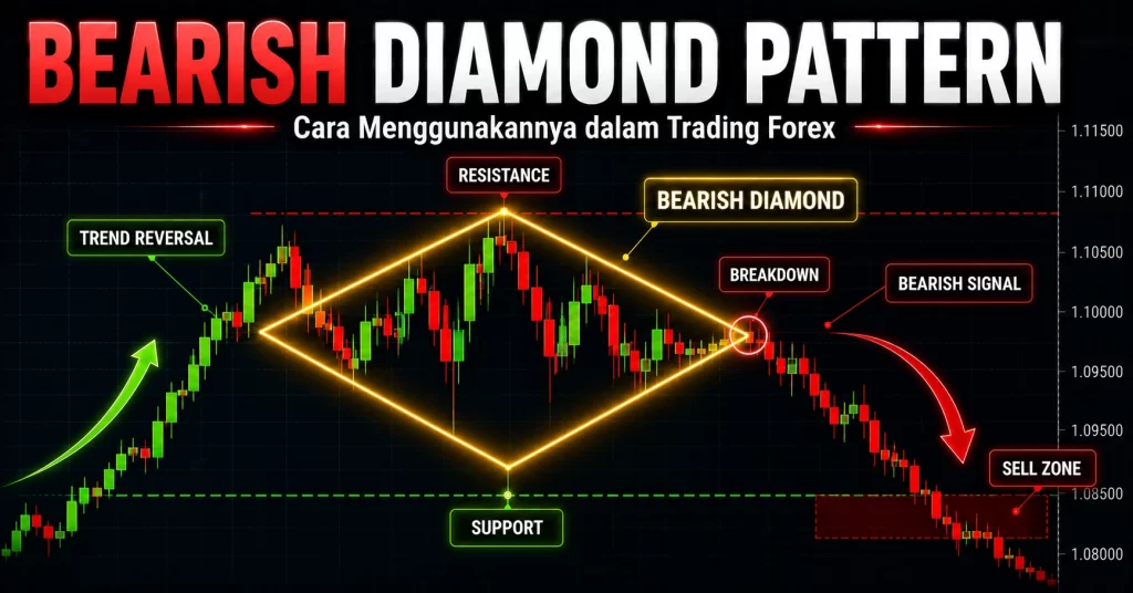 Bearish diamond pattern setelah uptrend dengan konfirmasi breakdown ke bawah sebagai sinyal sell dalam trading forex.