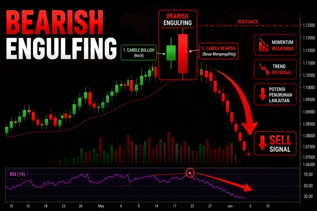 Contoh pola bearish engulfing di area resistance sebagai sinyal reversal dan entry sell dalam trading forex.