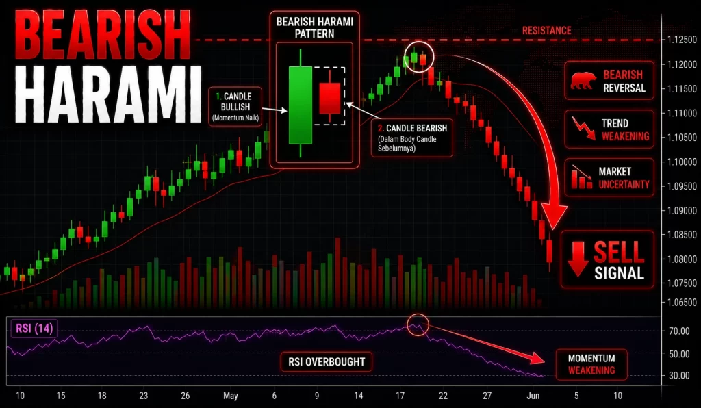 Contoh pola bearish harami dua candle di area resistance sebagai sinyal melemahnya momentum bullish dalam trading forex.