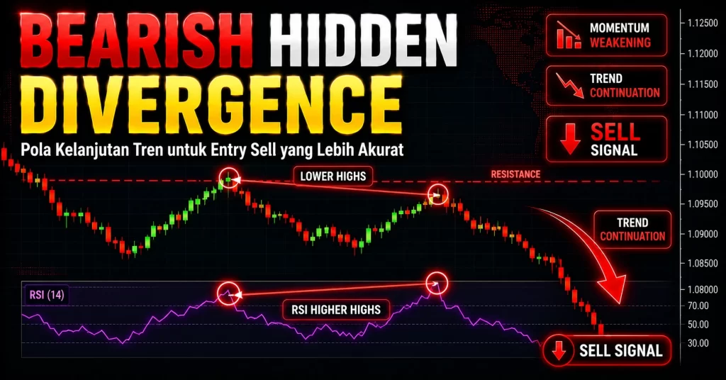 Contoh bearish hidden divergence forex dengan harga lower high dan RSI higher high sebagai sinyal trend continuation turun.