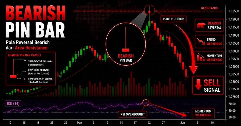 Contoh pola bearish pin bar dengan sumbu atas panjang di area resistance sebagai sinyal reversal bearish dalam trading forex.