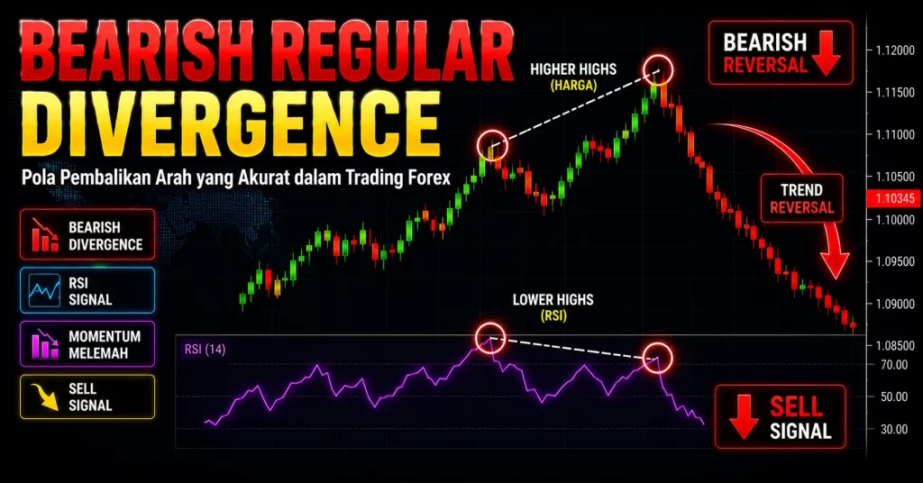Contoh bearish regular divergence forex dengan harga higher high dan RSI lower high sebagai sinyal reversal turun.
