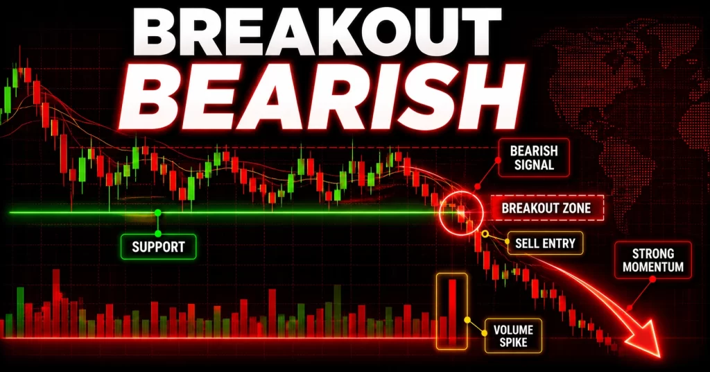 Breakout bearish menembus support dengan volume spike dan konfirmasi sell entry dalam trading forex.