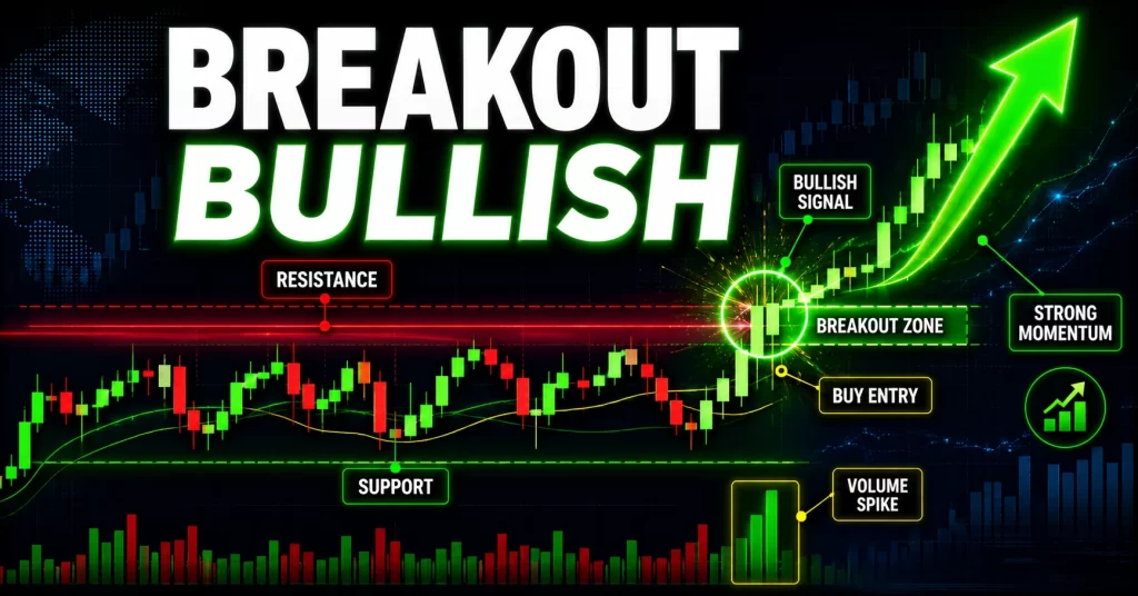 Breakout bullish menembus resistance dengan volume spike dan konfirmasi buy entry dalam trading forex.