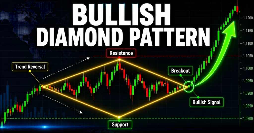 Bullish diamond pattern setelah downtrend dengan konfirmasi breakout ke atas sebagai sinyal buy dalam trading forex.