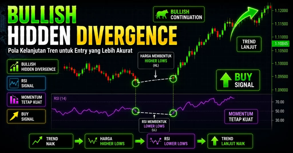 Contoh bullish hidden divergence forex dengan harga higher low dan RSI lower low sebagai sinyal trend continuation.