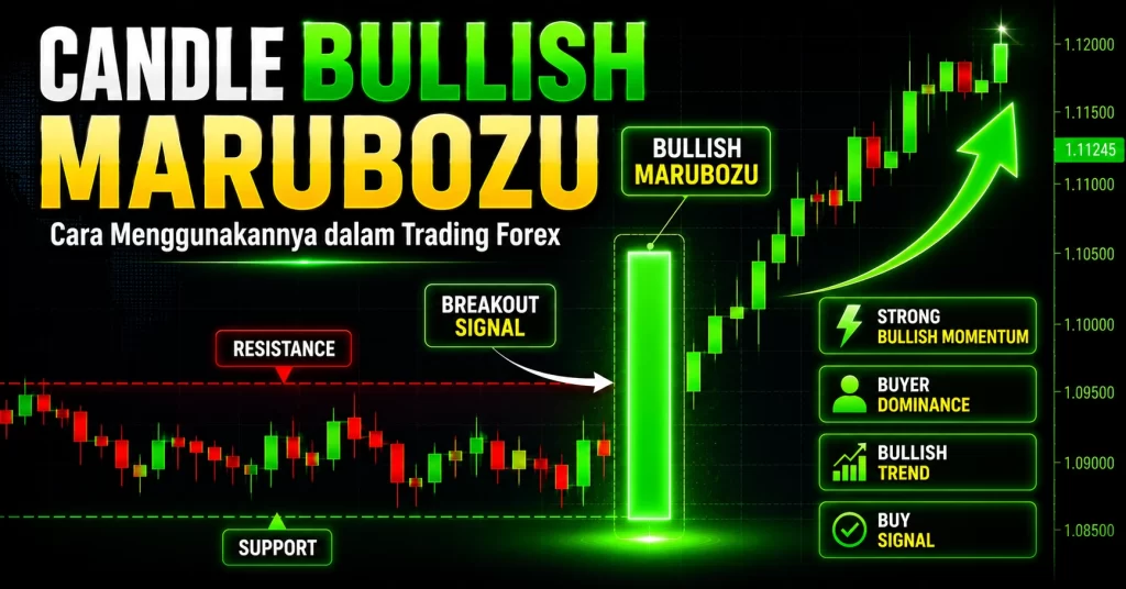 Candle marubozu bullish sebagai sinyal breakout resistance dalam trading forex.