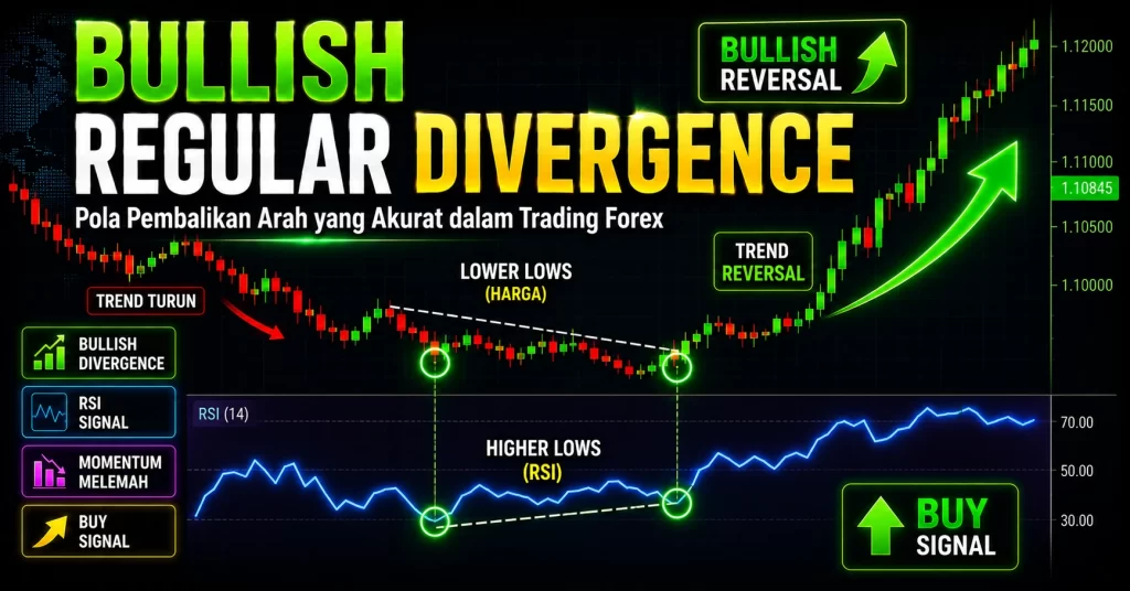 Contoh bullish regular divergence forex dengan harga lower low dan RSI higher low sebagai sinyal reversal bullishYou said: Bearish Regular Divergence.