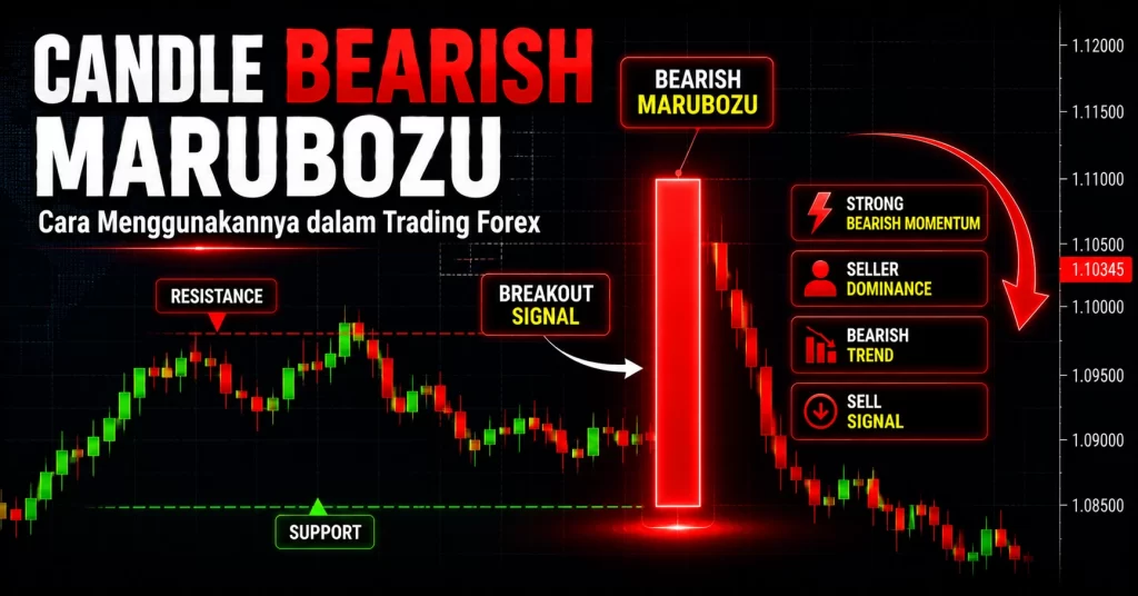 Candle marubozu bearish sebagai sinyal breakout support dalam trading forex.