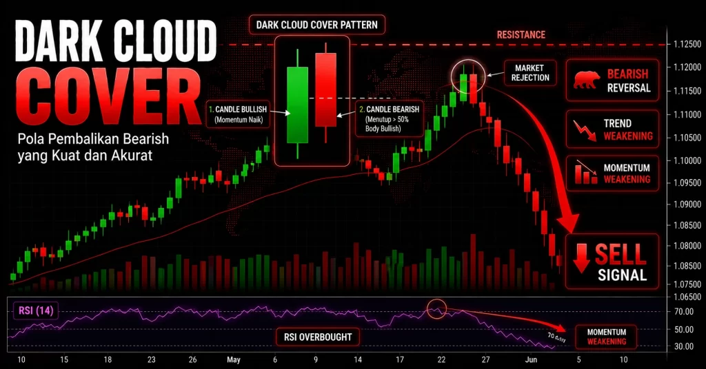 Contoh pola dark cloud cover dua candle di area resistance sebagai sinyal perubahan sentimen bearish dalam trading forex.