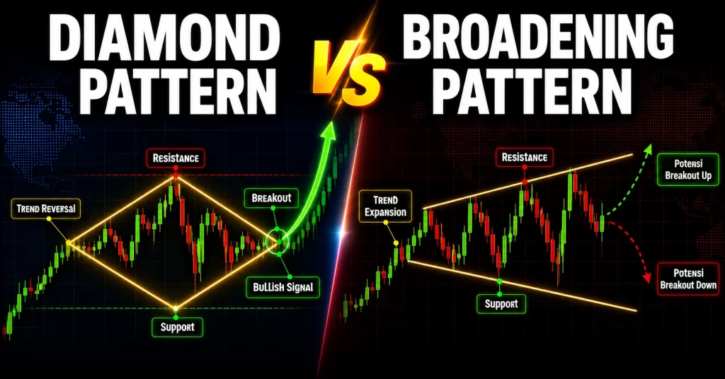 Perbandingan diamond pattern dan broadening pattern dalam analisis teknikal forex berdasarkan struktur dan arah breakout.