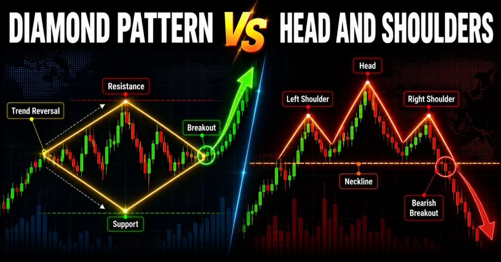 Perbandingan diamond pattern dan head and shoulders sebagai pola reversal dalam analisis teknikal trading forex.