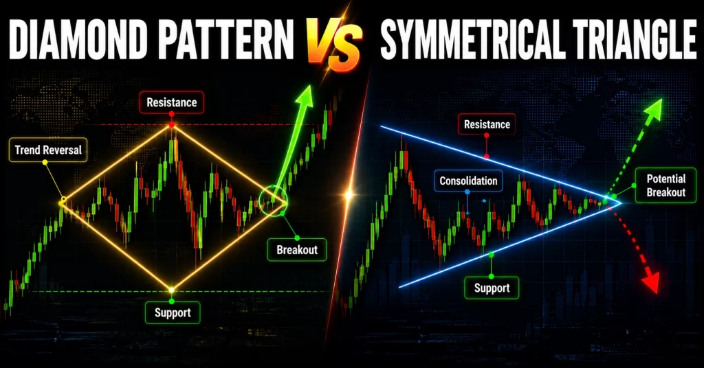 Perbandingan diamond pattern dan symmetrical triangle berdasarkan fase pembentukan dan struktur pola dalam trading forex.