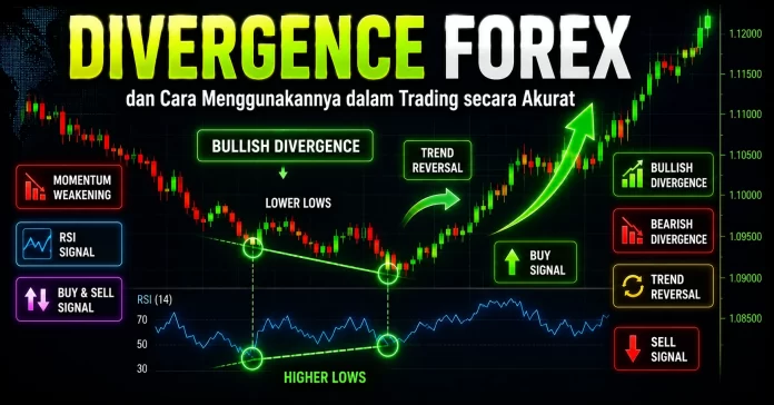 Divergence Forex dan Cara Menggunakannya dalam Trading secara Akurat Ilustrasi divergence forex bullish dengan indikator RSI menunjukkan sinyal trend reversal.