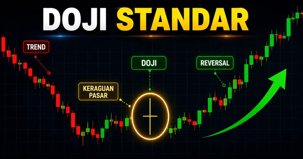 Contoh candle doji standar yang muncul setelah tren sebagai sinyal keraguan pasar dan potensi reversal.