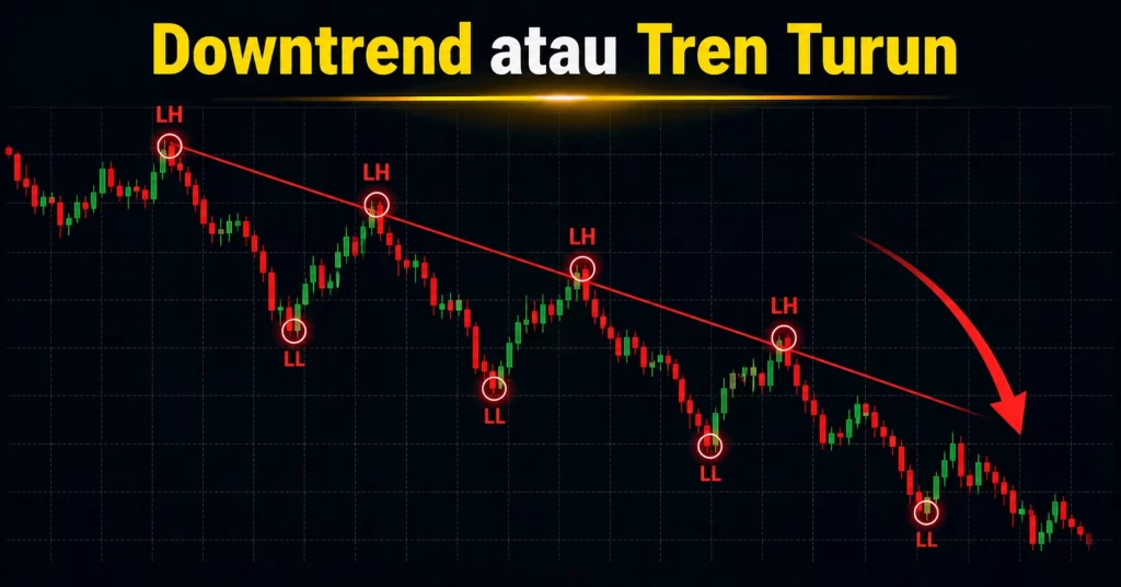 Grafik candlestick downtrend forex dengan pola lower high dan lower low sebagai indikasi tren turun dalam market structure.