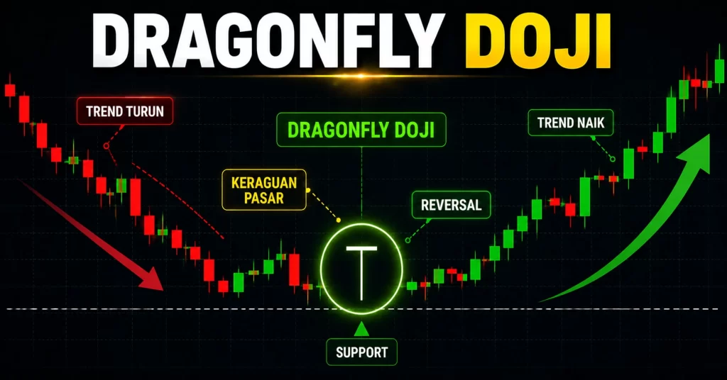 Ilustrasi dragonfly doji di area support setelah downtrend sebagai sinyal bullish reversal dalam trading forex.