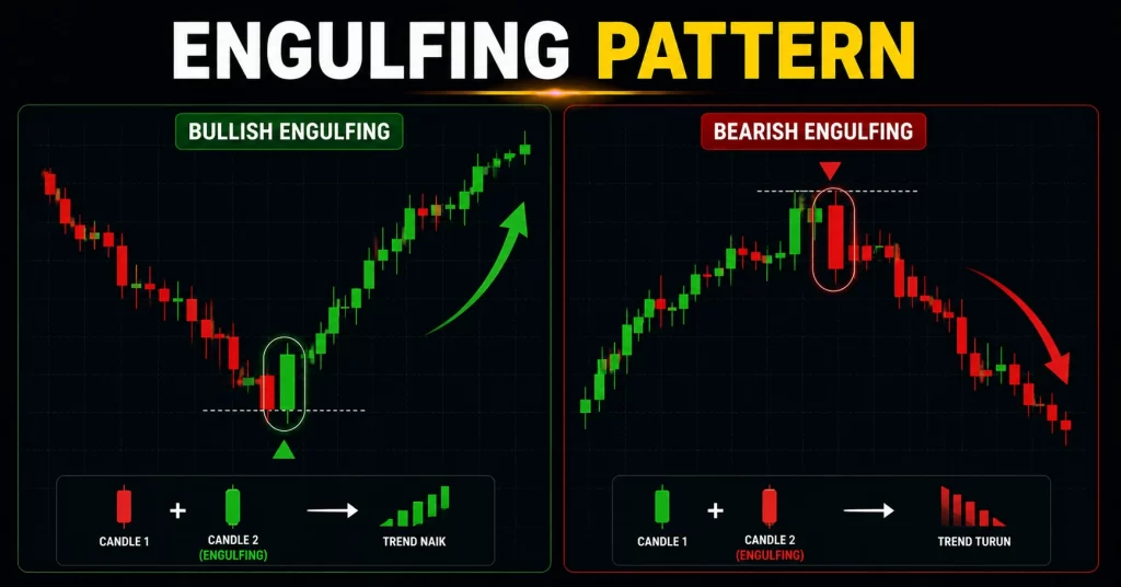 Ilustrasi pola engulfing pattern dalam trading forex, menampilkan bullish engulfing sebagai sinyal entry buy dan bearish engulfing sebagai sinyal entry sell.