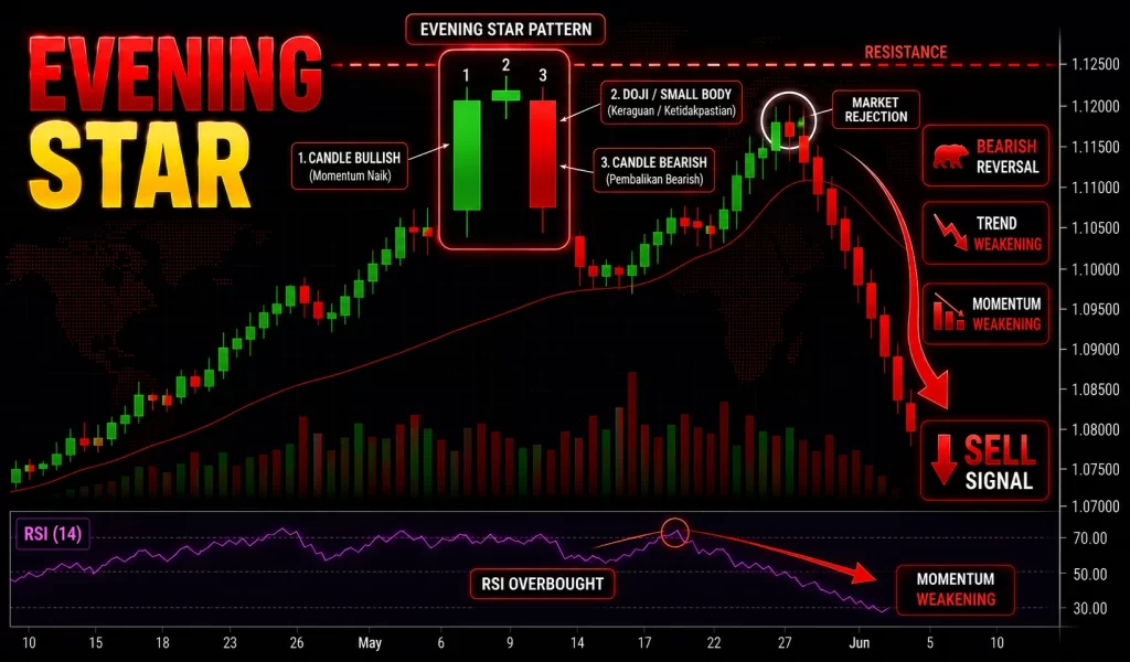Contoh pola evening star tiga candle di area resistance sebagai sinyal reversal bearish dalam trading forex.