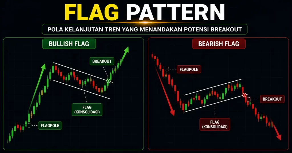 Ilustrasi bullish flag dan bearish flag pattern pada grafik candlestick.
