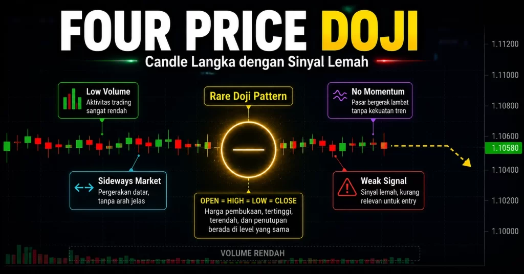 Four price doji dengan garis horizontal tipis saat volume rendah sebagai sinyal lemah dalam trading forex.