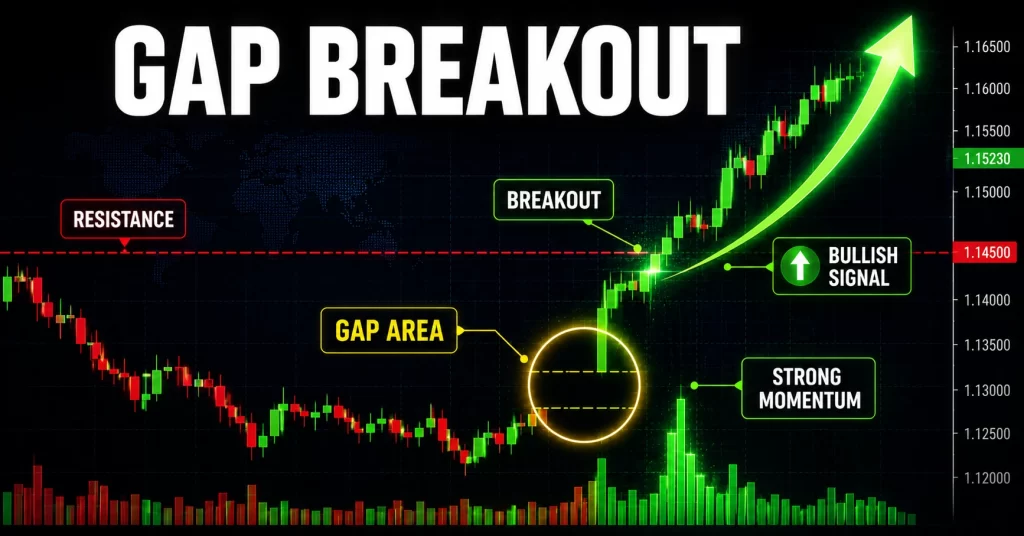 Gap breakout bullish menembus resistance dengan momentum kuat dan volume tinggi dalam trading forex.