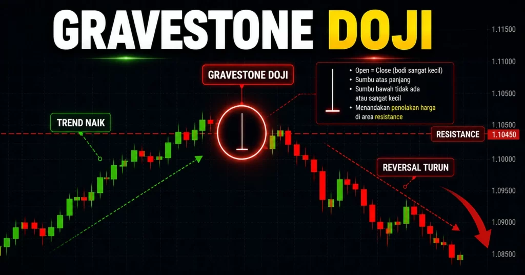 Gravestone doji di area resistance setelah uptrend sebagai sinyal bearish reversal dalam trading forex.