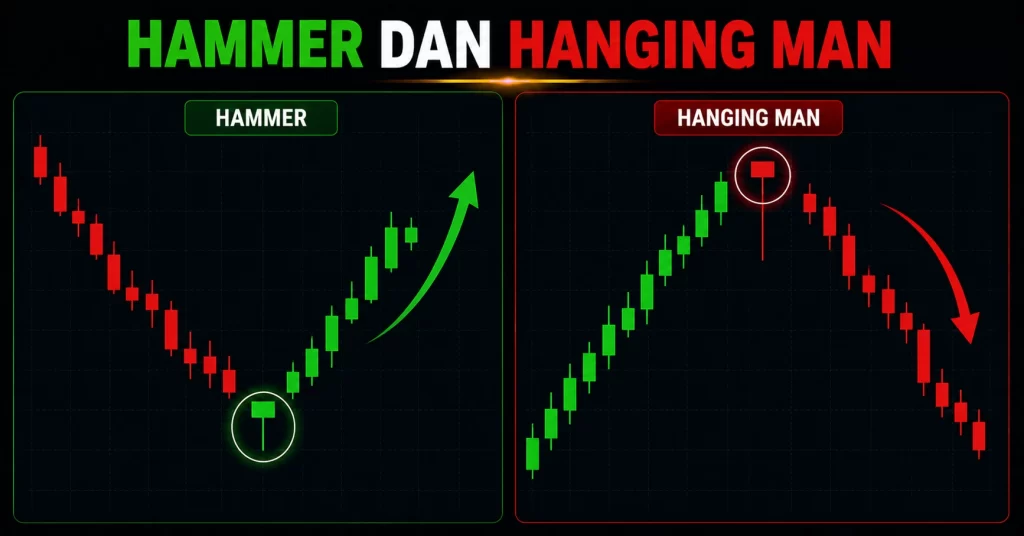 Ilustrasi pola hammer dan hanging man dalam trading forex, hammer sebagai sinyal entry buy di area support dan hanging man sebagai sinyal entry sell di area resistance.