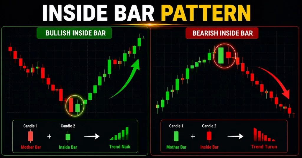 Pola inside bar pattern bullish dan bearish pada chart forex sebagai sinyal entry buy dan sell.