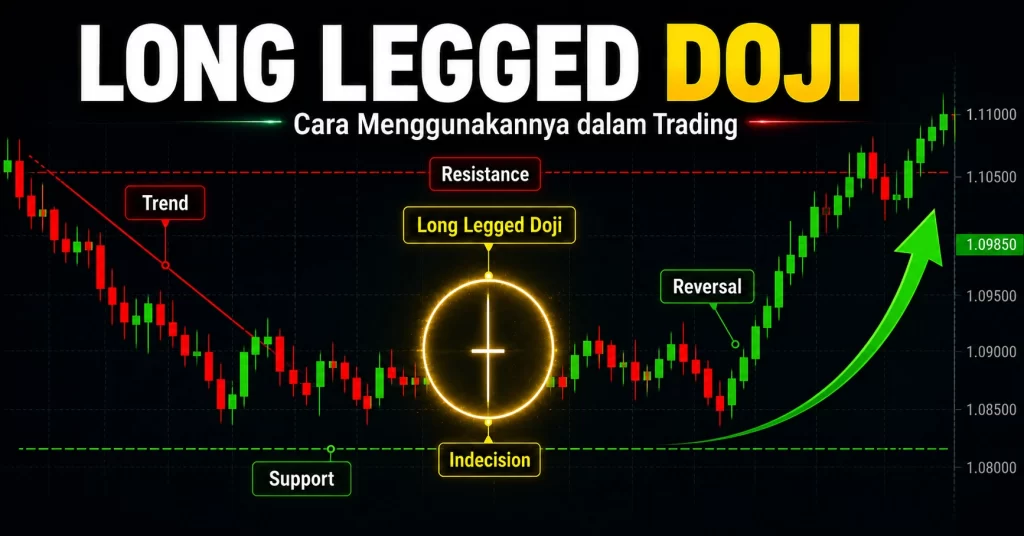 Long legged doji dengan sumbu atas dan bawah panjang sebagai sinyal indecision dan potensi reversal dalam trading forex.